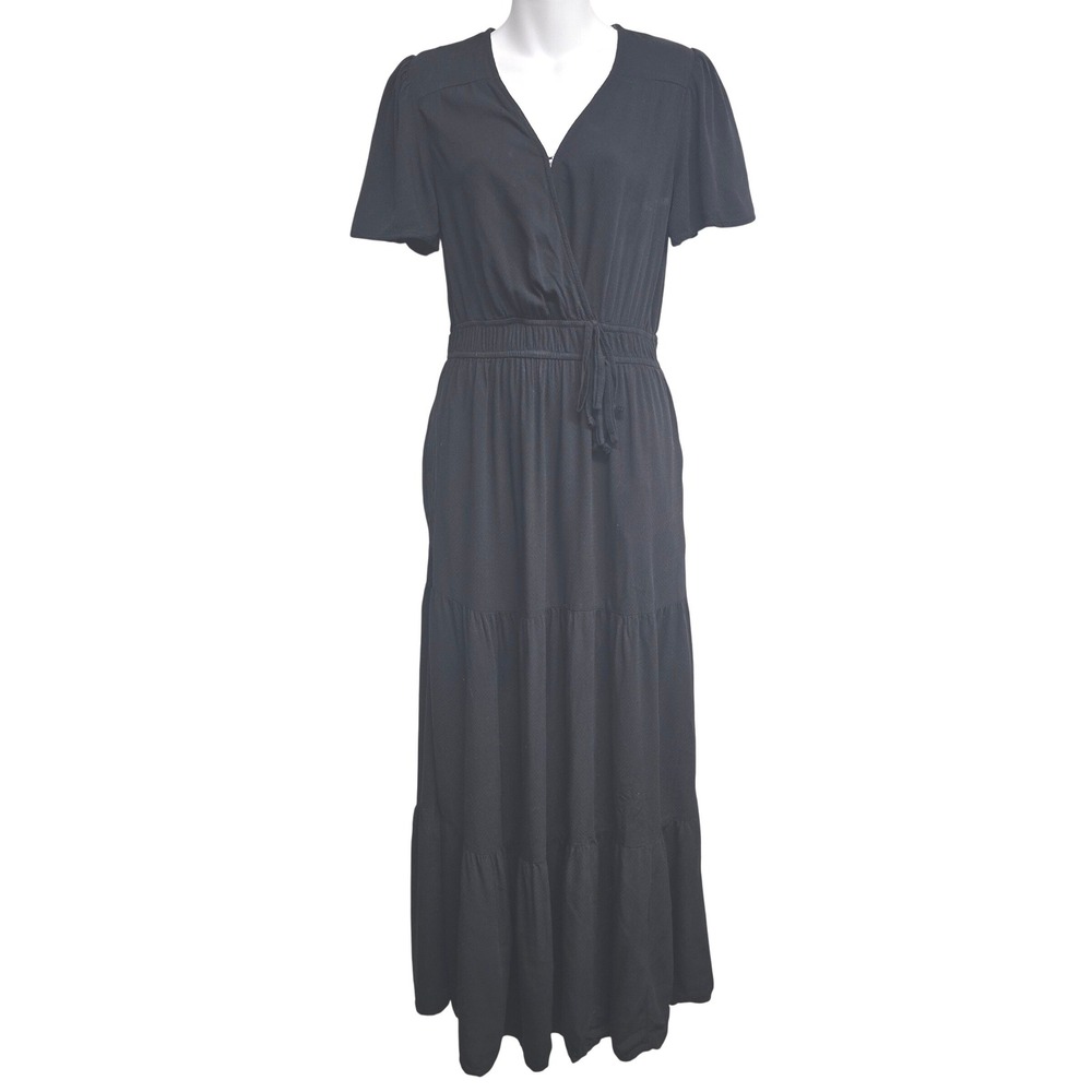 Knox Rose Black Textured Wrap V-Neck‎ Tiered Maxi Dress Womens Medium Resort